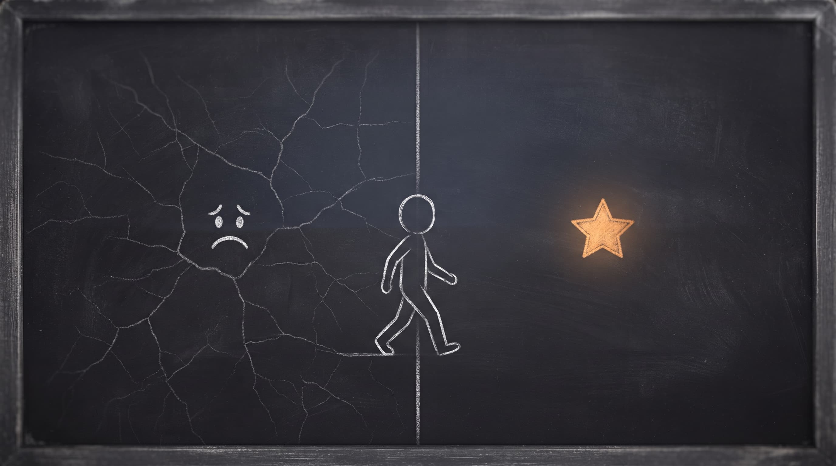 Un tableau fissuré d'un côté, une étoile de l'autre, une silhouette qui traverse entre les deux