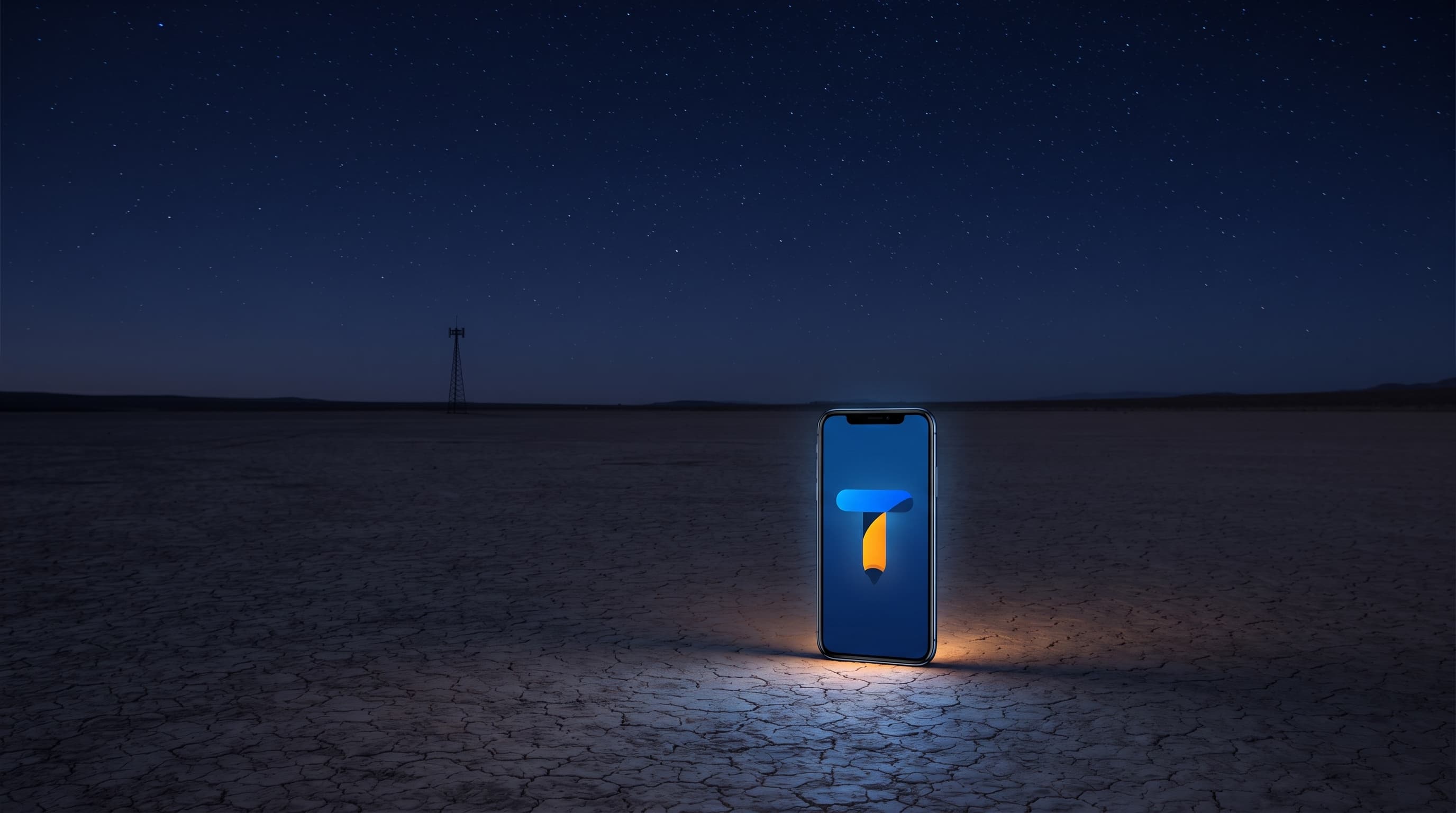 Un téléphone allumé, seul sur un sol craquelé, sous un ciel étoilé sans la moindre antenne à proximité